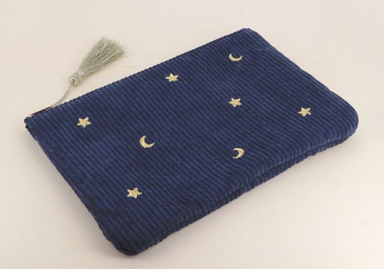 Pochette velours cotelé - Etoiles et lune, marine